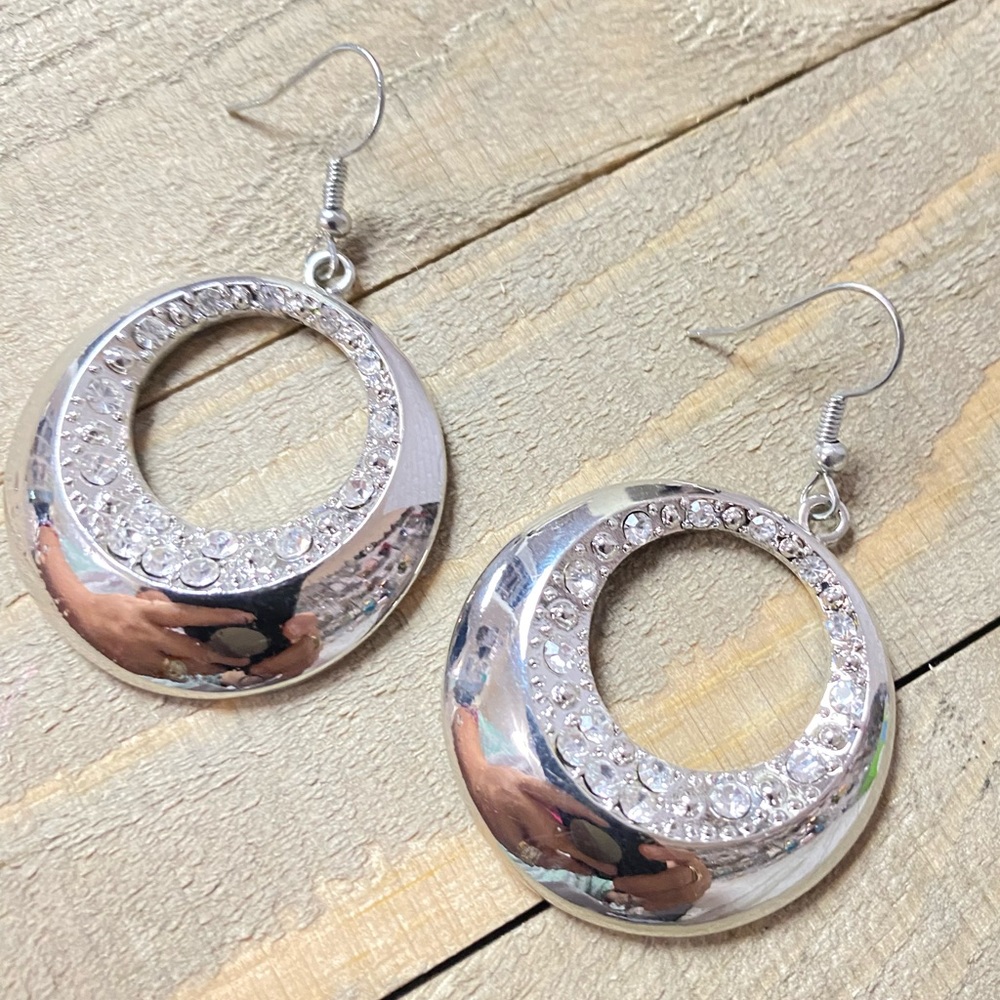 Silver Circle Earrings With Rhinestone detailing - Picture 4 of 7